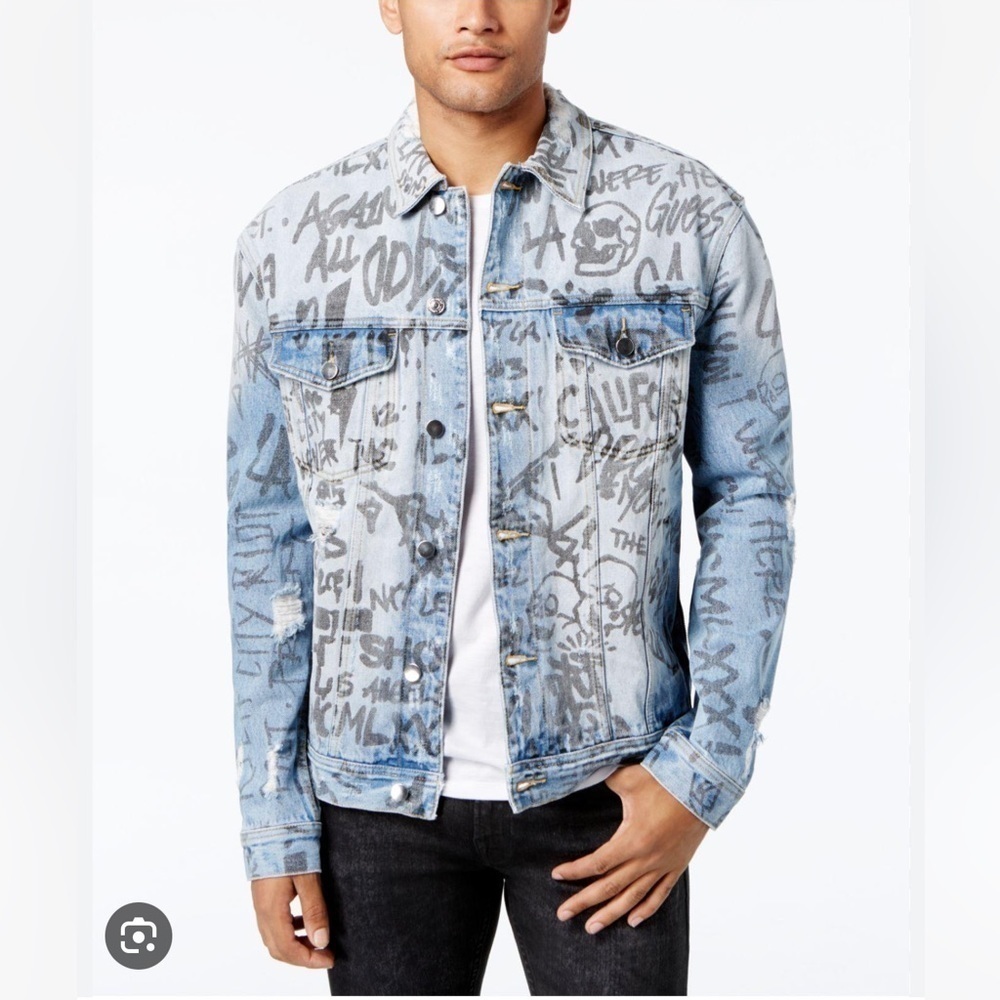 Men’s Guess All Over Graffiti Oversized Denim Jean Jacket